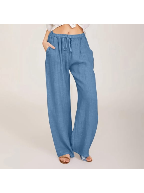 Clothes for Women 2024 Casual Cotton Linen Solid Drawstring Elastic Waist Long Straight Pants Athletic Work Woman Summer