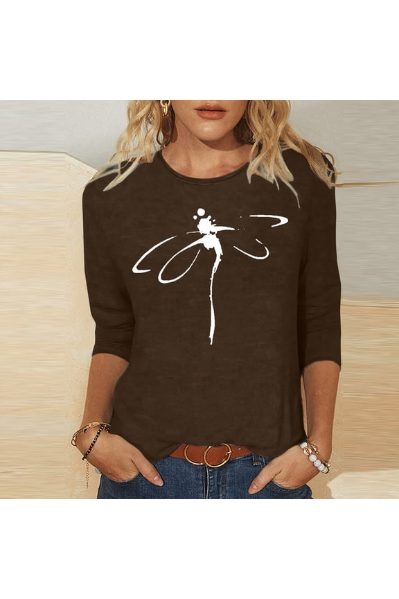 Clothes for Women Women's Dragonflies Graphic T-Shirt 3/4 Sleeves Blouse Crew Neck Casual Tops Clothes Summer