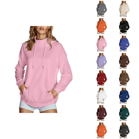 Clothes for Women Women's Solid Sweatshirt 2025 Women's Solid Color High Collar Hoodie With Side Pockets Non Velvet