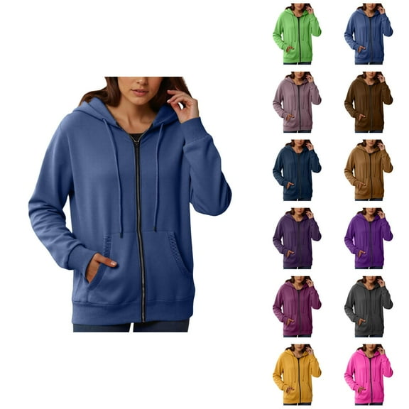 Clothes for Women Women's Solid Sweatshirt Women's Fashionable Casual Pocket Zipper Long Sleeved Hooded Solid Color Sweatshirt