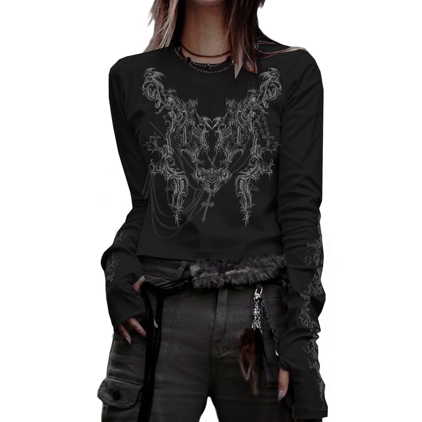 Nicoxijia Women's Vintage Y2K Long Sleeve Graphic Tee - Grunge Fairy T-Shirt, Loose Fit Tops