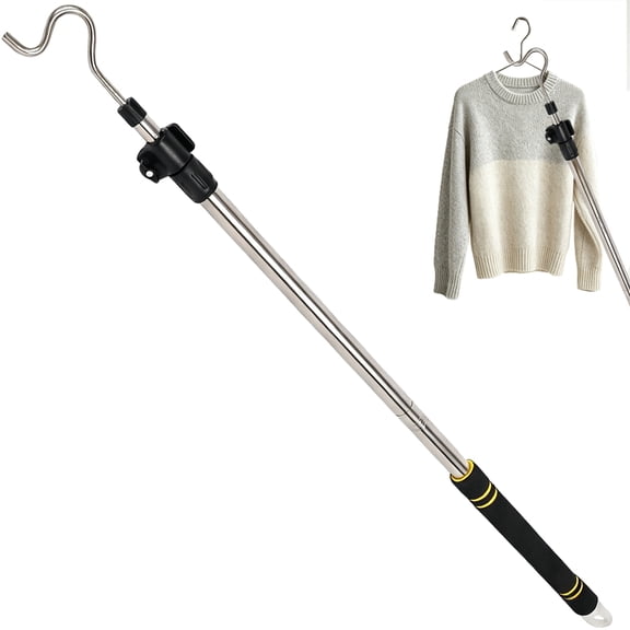 Telescoping Clothes Hook Pole 37"-64", Detachable Closet Reacher Pole with Hook, MultiUse for Hanging Clothes, Bird Feeders & String Lights