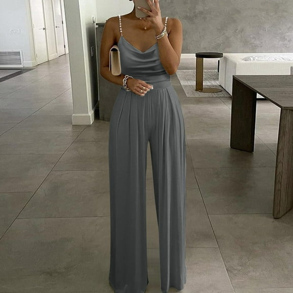 Black*Friday Womens Clothing Clearance under $5 GaThRRgYP Pants for Women,Women's Casual Solid Color Long Playsuit Loose Lady Pearl Suspender Jumpsuit