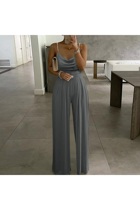 Black*Friday Womens Clothing Clearance under $5 GaThRRgYP Pants for Women,Women's Casual Solid Color Long Playsuit Loose Lady Pearl Suspender Jumpsuit