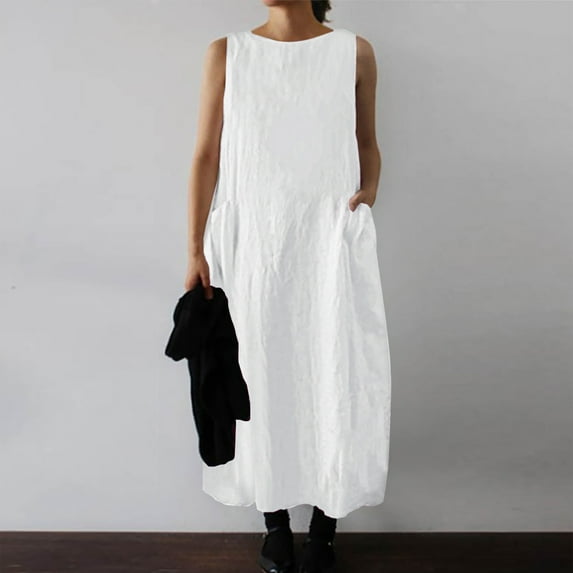 Clothes under $5 GaThRRgYP Women's Summer Dresses Sleeveless Casual Tank Top Dress Solid Pocket Round Neck Pleated Cotton Linen Dress Clearance