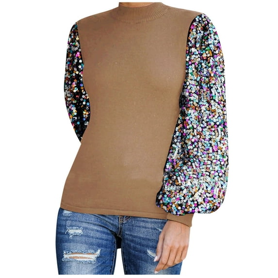 Clothes under $5 asdoklhq Womens Plus Size Tops Clearance,Half High Neck Sequin Sequin Stitching Lantern Sleeve Long Sleeve Top