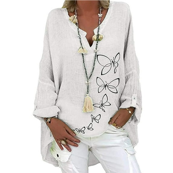 Clothes under $5 asdoklhq Womens Plus Size Tops Clearance,Plus Size Women Casual Long Sleeve Floral Print Loose V-neck Shirt Blouse Top