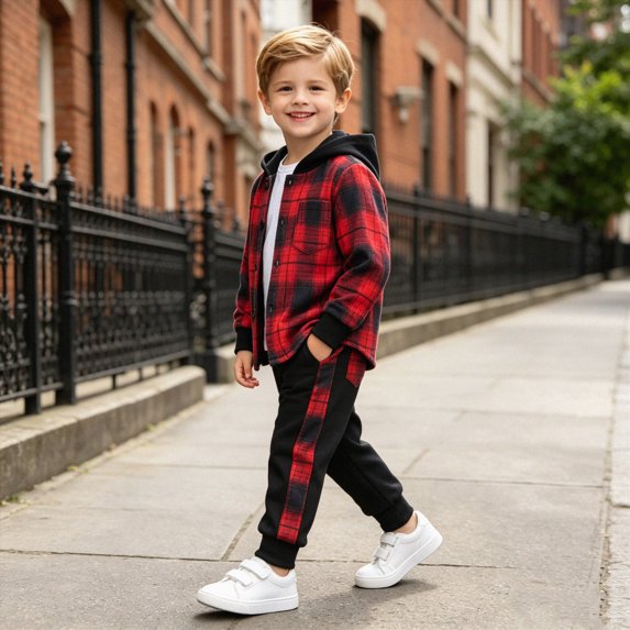 ClothesFuns 2Pcs Kids Boys Flannel Plaid Shirt Tops Pants Set Hoodie Sweatsuit for Fall Winter Spring Outfits Boys Clothes