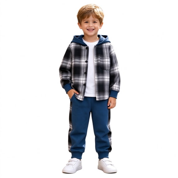 ClothesFuns Boy Clothes Toddler Outfits for Boys Toddler Boy Clothes Plaid Hooded Shirt - 2 Piece Outfit: Button Front Toddler Hoodie & Sweatpants Set Boys Fall Jacket and Joggers Pants