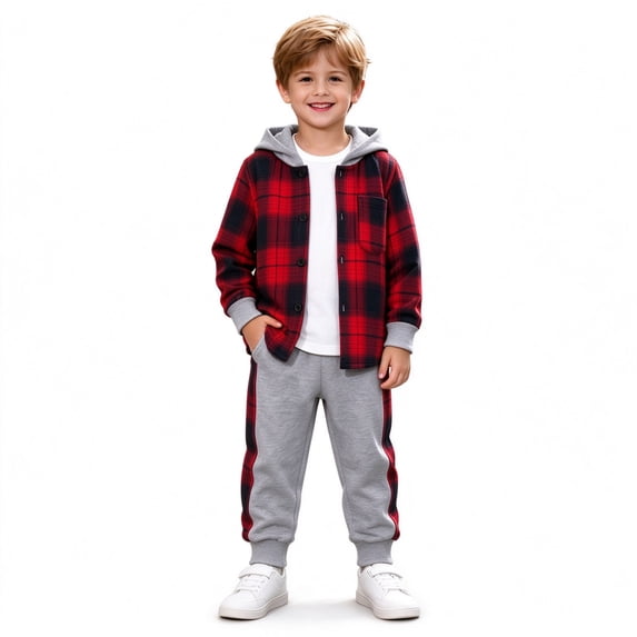ClothesFuns Boys Cargo Pants Sets 2 Piece Plaid Long Sleeve Button Shirt and Jogger Pants with Pockets Fall Outfits for Kids Boys Clothes