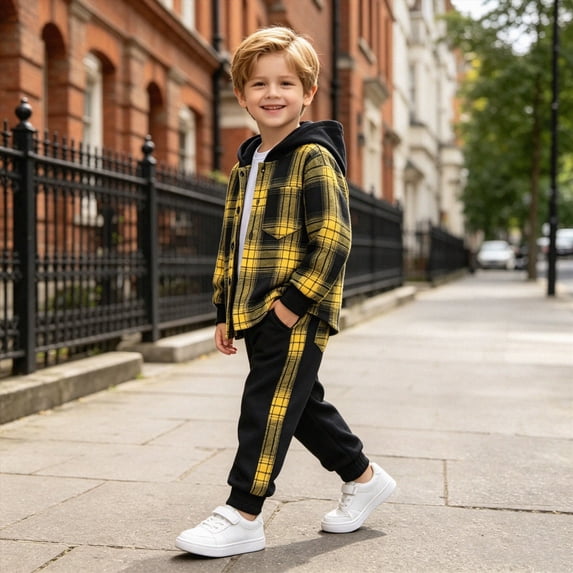 ClothesFuns Kids Boy Clothes Plaid Hooded Long-Sleeved Shirt Top and Patchwork design Pants 2Pcs Boys Outfits Boys Fashion