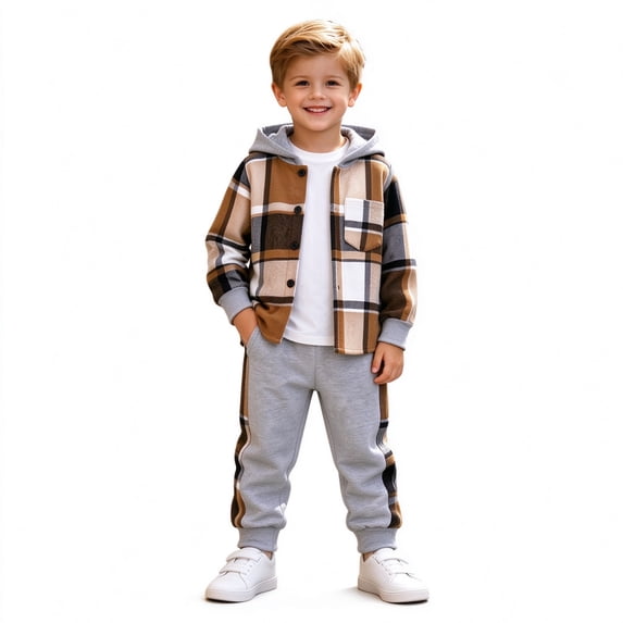 ClothesFuns Toddler Boy Clothes 2 Piece Pants Set Plaid Long Sleeve Hooded Button Shirt Jogger Pants Kids Checkered Fall Outfits Boys Clothes