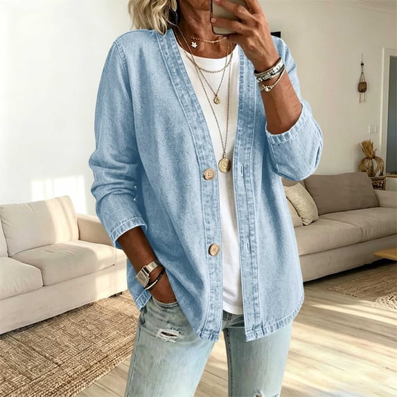 Sheghy Cardigan for Women Summer Vintage V Neck Denim Button Long Sleeve Casual Cardigan Light Blue L