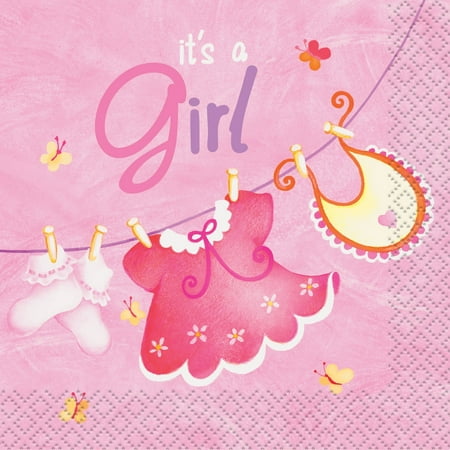 Clothesline Baby Shower Cocktail Napkins, 5 in, Pink, 16ct