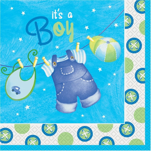 Clothesline Baby Shower Napkins, 6.5 in, Blue, 16ct