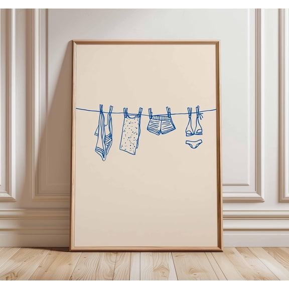 Clothesline Minimalist Laundry Coastal Summer Blue Line Illustration Art, Unframed Paper Poster 8x10in