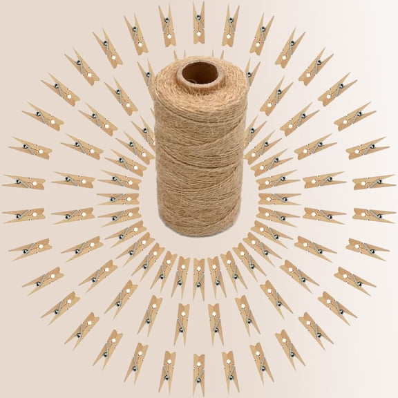 Clothespins with String, Wooden Clothes Pins with Jute Twine, Photo Clips, Natural Brown Clips for Hanging Photo, Clothes, DIY Crafts, Wrap Bags