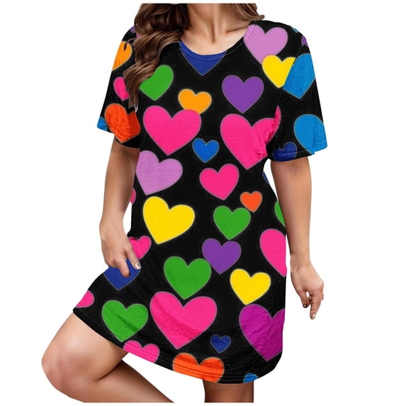 Clothing 2026 Short Sleeve Sleeping Shirts Crew Neck Round Neck Heart Print Short Sleeve Plus Size Sleep Dress for Women Loose Flexible Home Pajama Nightgown Casual Cool