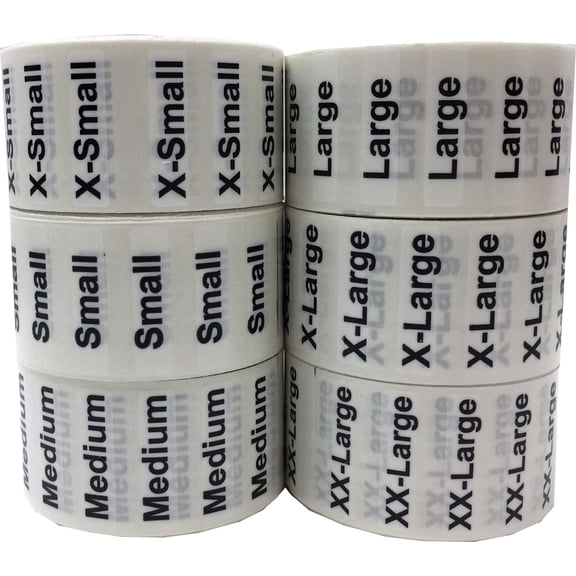 Clothing Apparel Size Strip Bulk Pack, 1.25 x 5 Inch Strips, 6 Different Sizes, 125 Labels per Size