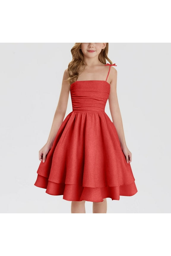Clothing Kids Girl Dresses 10-12 Size Casual Summer Dress Crew Neck Double Layer Flutter Sleeve Dresses Party Dresses Birthday Dress Preppy Summer Clothes 10-12 Vestidos De Ninas Elegantes