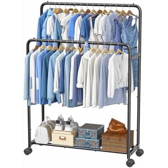 Clothing Clothes Rack Double Rods with Wheels, Rolling Metal Garment Rack for Hanging, Black