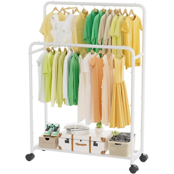 Clothing Clothes Rack Double Rods with Wheels, Rolling Metal Garment Rack for Hanging, Black