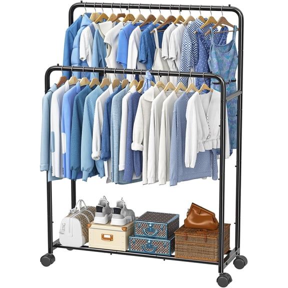 Clothing Clothes Rack Double Rods with Wheels, Rolling Metal Garment Rack for Hanging, Black