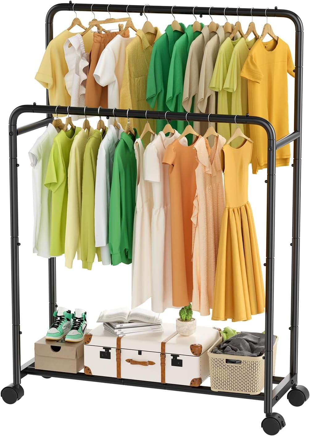 Clothing Clothes Rack Double Rods with Wheels, Rolling Metal Garment ...