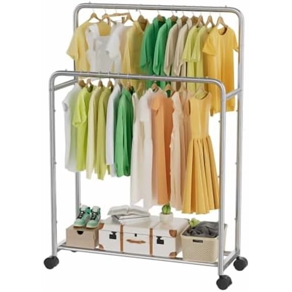Clothing Clothes Rack Double Rods with Wheels, Rolling Metal Garment Rack for Hanging, Silver