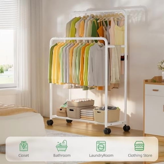 Clothing Clothes Rack Double Rods with Wheels, Rolling Metal Garment Rack for Hanging, White
