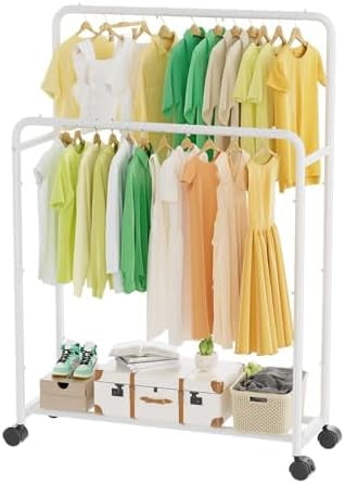 Clothing Clothes Rack Double Rods with Wheels, Rolling Metal Garment ...