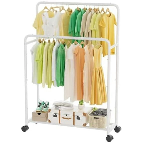 Clothing Clothes Rack Double Rods with Wheels, Rolling Metal Garment ...