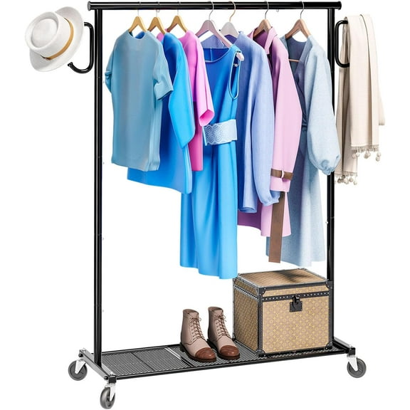 Clothing Clothes Rack on Wheels, Heavy Duty Portable Wardrobe for Hanging Clothes, Garment Rack with Bottom Mesh Shelf and 2 Hooks, Black