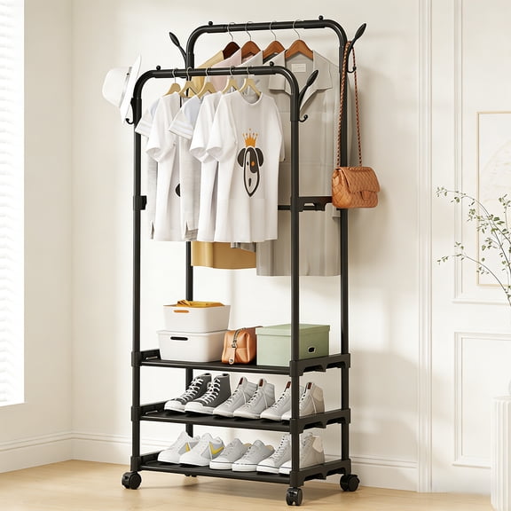 Clothing Garment Rack - 26.8" 13.8" 69" Double Rails Closet Rack with 3-Tier Shoe Rack and Wheels, Shoe Organizer for Entryway, Bedroom, or Laundry, Black