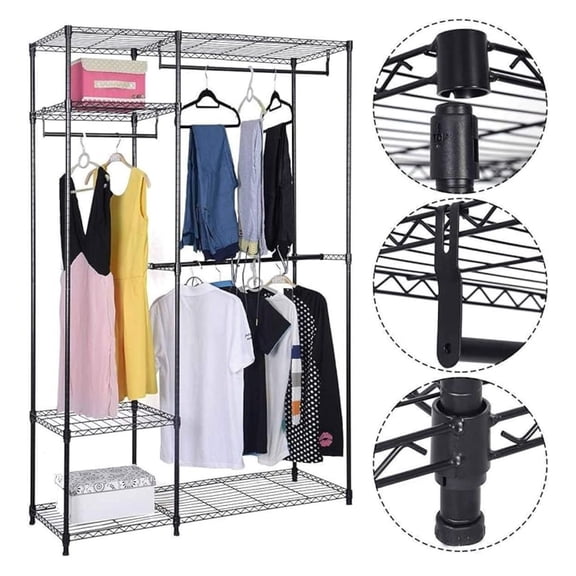 Clothing Garment Rack Heavy Duty Wire Shelving Closet Clothes Stand Rack Double Rod Wardrobe Metal Freestanding Cloth Armoire Organizer (1 Pack)