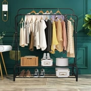 Clothing Garment Rack with Shelves, Metal Cloth Hanger Rack Stand Clothes Drying Rack,with Top Rod Organizer Shirt Towel Rack and Lower Storage Shelf for Boxes Shoes Boots, Black
