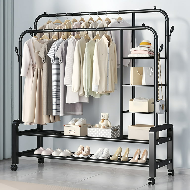 Clothing Garment Rack with 4 Tiers Shelves Portable Clothes Rack with Wheels Heavy Duty Garment Racks with 4 Hooks