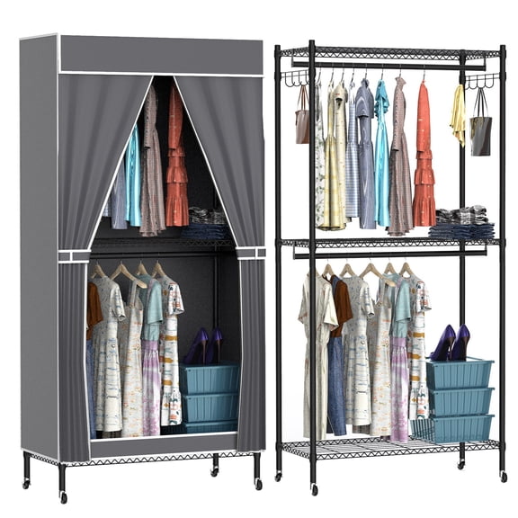 Clothing Hanging Rack, iMounTEK 2 Tier Wardrobe Closet with Wheels, Rolling Garment Rack with Cover, 35x17x72.in