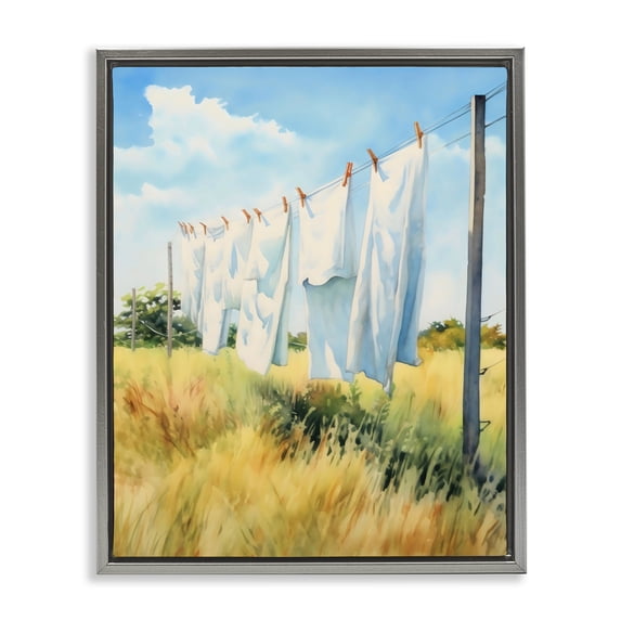 Stupell Industries Clothing Line in Windy Meadow Gray Framed Floater Canvas Wall Art, design by Creative Studio, 31 x 25