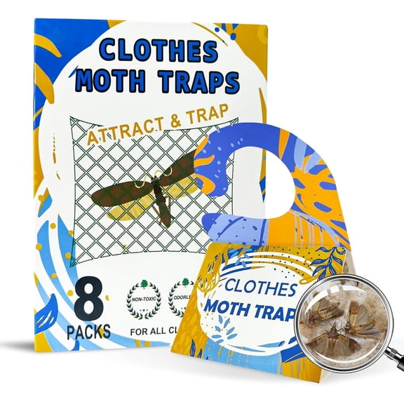 Clothing Moth Trap with Pheromone Attractant 8 Pack, Easy to use Clothes Moth Treatment, Odorless/Non-Toxic Strong Sticky Strips for Closet and Carpet