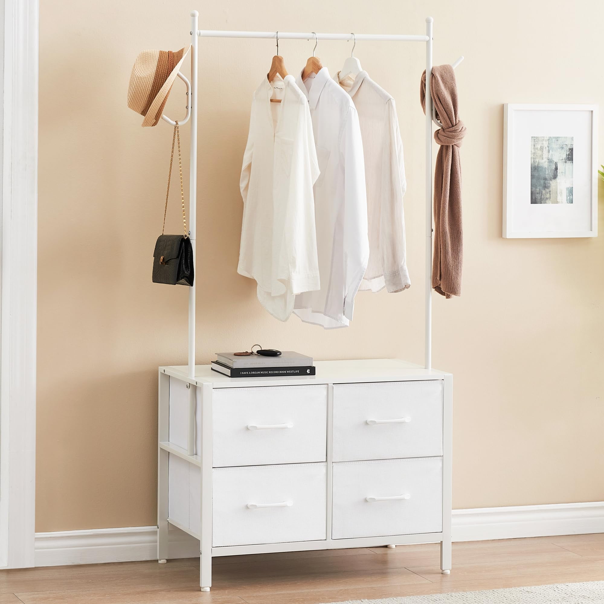 White Freestanding Closet Organizer with 4 Drawers and Hooks