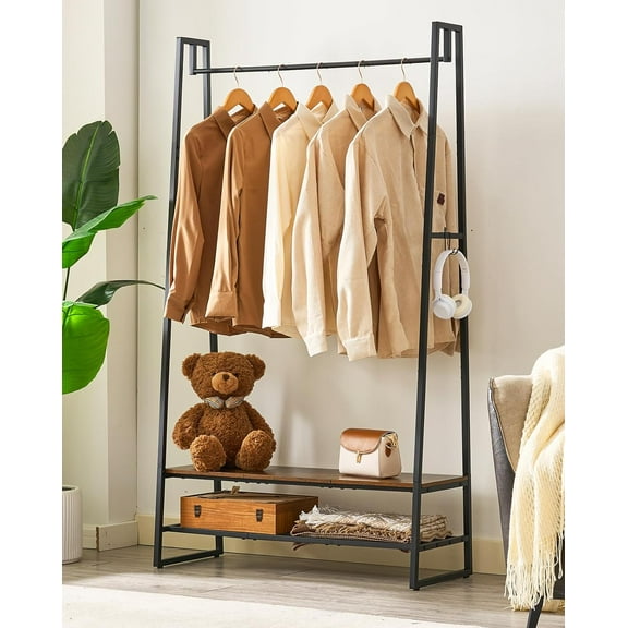 Clothing Rack, Clothes Rack for Hanging Clothes, Garment Rack with 2 Shelves and 4 Hooks, Metal Standing Clothes rack for Bedroom, Closet, Rustic Brown