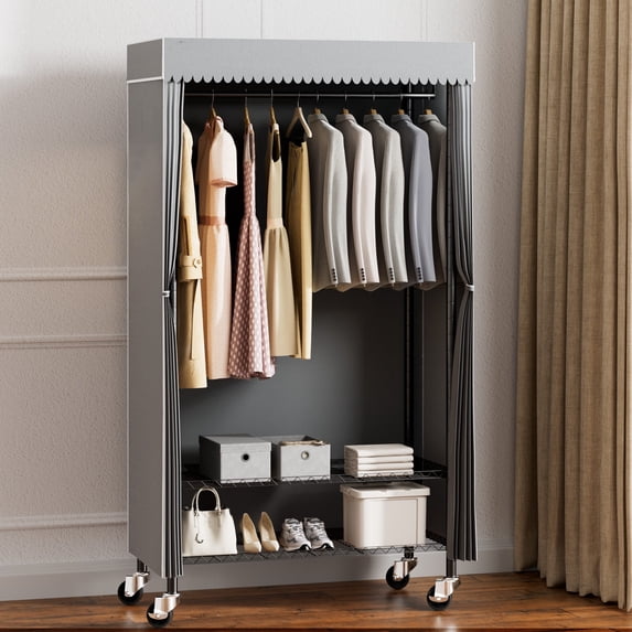 Clothing Rack with Cover, Rolling Closets with Wheels, Metal Garment Rack for Hanging Clothes, Clothing Storage Wardrobe with Cover, 35.4"x17"x 70.8", Black, Load 400 Pounds