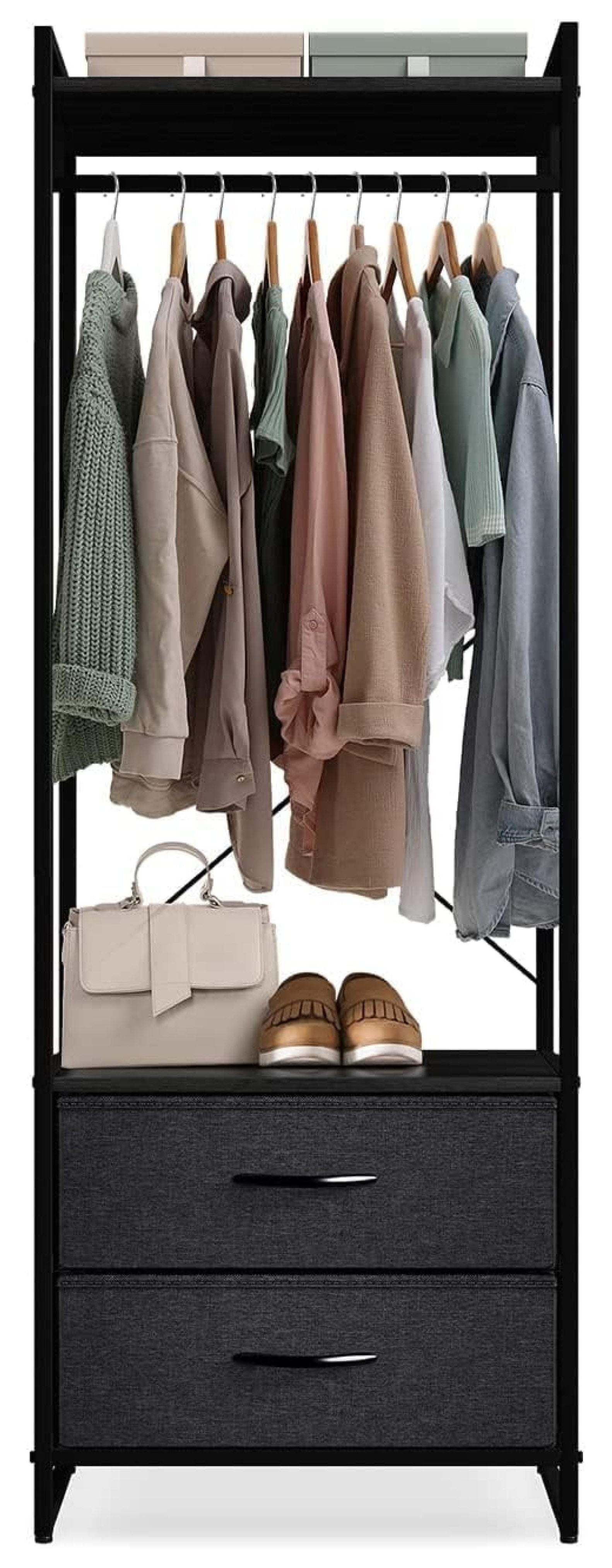 Clothing Rack with Drawers Clothes Stand Dresser Wood Top, Steel