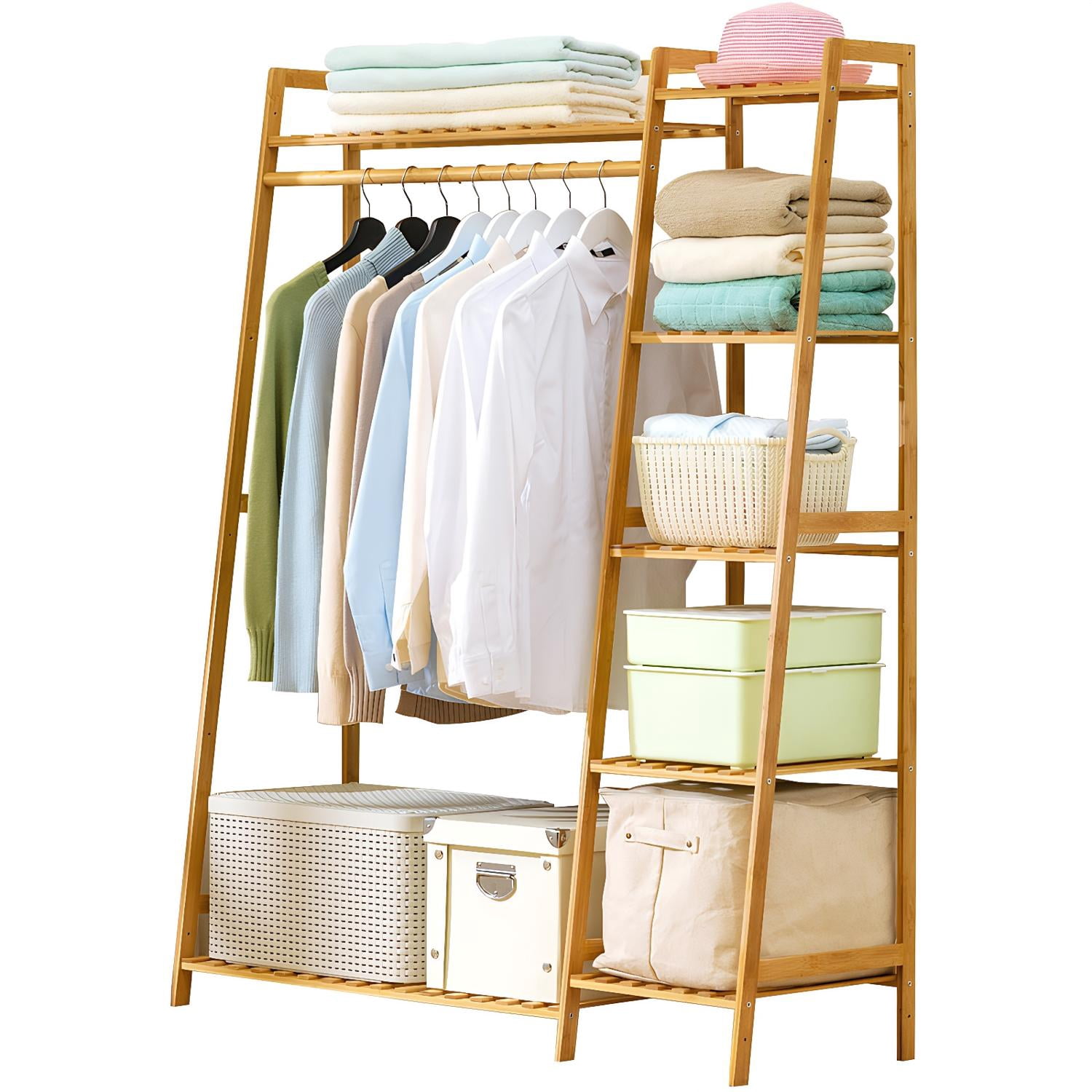 Clothing Rack, Freestanding Garment Hanger with Integrated Shoe Rack and Multi-Tiered Shelves, Wardrobe Storage for Bedroom and Hallway, 43.3x15.7x55.1 Inch Natural