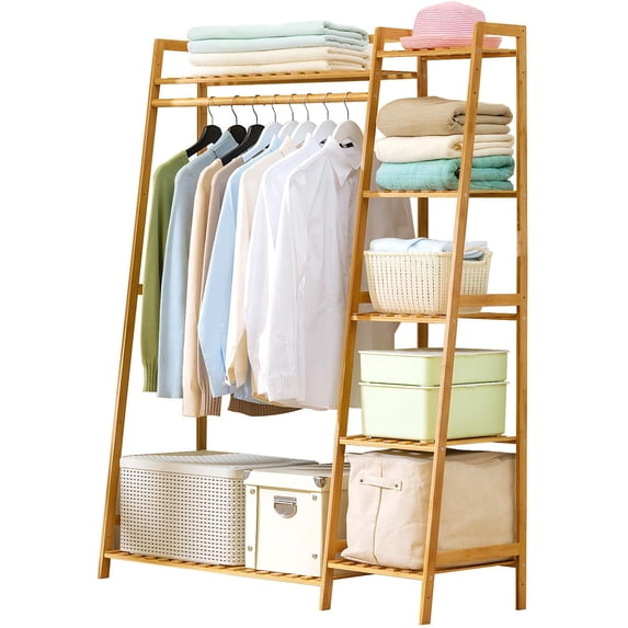 Clothing Rack, Freestanding Garment Hanger with Integrated Shoe Rack and Multi-Tiered Shelves, Wardrobe Storage for Bedroom and Hallway, 43.3x15.7x55.1 Inch Natural