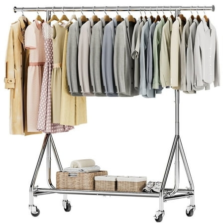 Clothing Rack Hanging Rack Heavy Duty Load 450 LBS, Metal Rolling Clothes Rack, Free Standing Garment Rack with Sturdy Wheels & Shelves, Portable Closet Wardrobe Rack, Sliver
