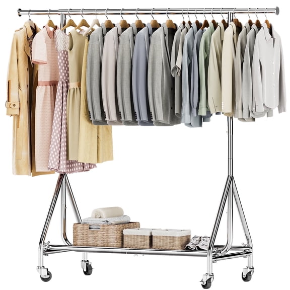 Clothing Rack Hanging Rack Heavy Duty Load 400 LBS, Metal Rolling Clothes Rack, Free Standing Garment Rack with Sturdy Wheels & Shelves, Portable Closet Wardrobe Rack, Sliver