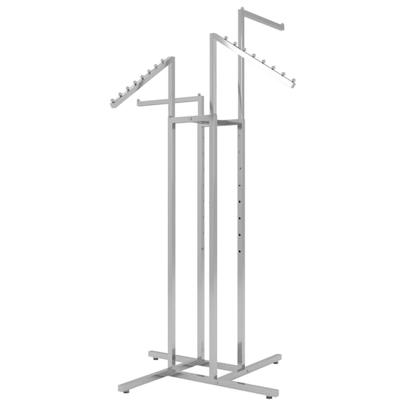 Clothing Rack Heavy Duty 4 Way Rack, Adjustable Arms, Square Tubing, Perfect for Clothing Store Display With 2 Straight Arms and 2 Slanted Arms, Takes Up Only 32 Inches of Floor Space