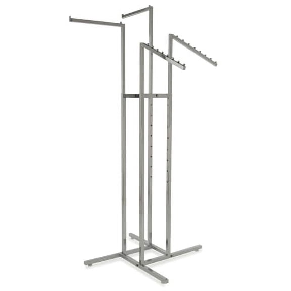 Clothing Rack  Heavy Duty Chrome 4 Way Rack, Adjustable Arms, Square Tubing, Perfect for Clothing Store Display With 2 Straight Arms and 2 Slanted Arms, Takes Up Only 32 Inches of